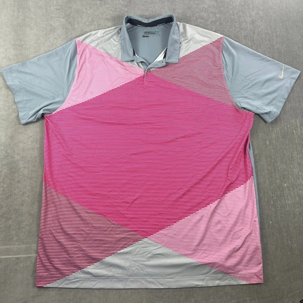 Nike Men XXL Pink Grey Polo Shirt Tour Performance Dri-FIT Geometric‎ Striped